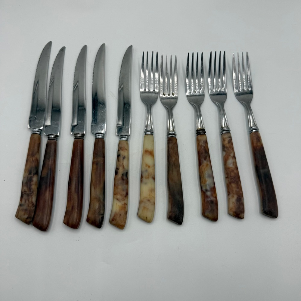 Vintage Bakelite Marble MB Japan Hollow Ground 10pc Flatware Set Knives Forks